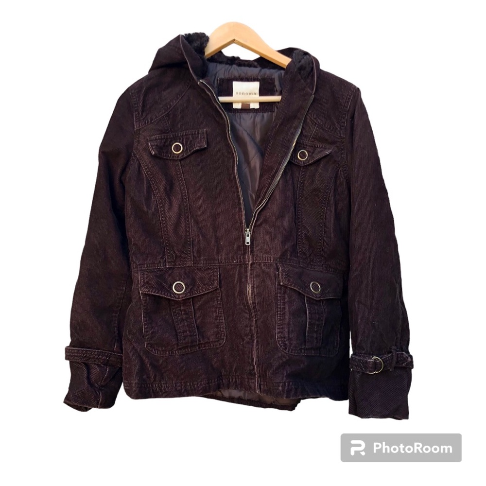 Sonoma Corduroy Jacket Dark Brown Wool Lined Hood Sz. Medium